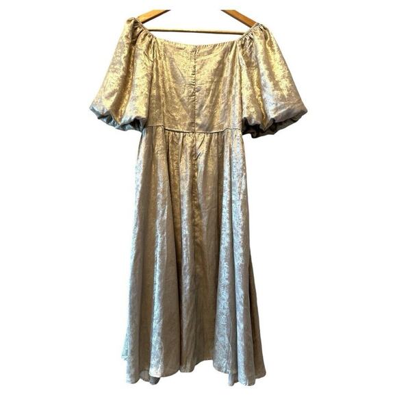 NWT Celadon Puff Sleeve Baby Doll Dress Metallic Gold Women Off Shoulder Size L - Picture 4 of 13